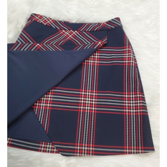 Halogen Plaid Faux Wrap Skirt Tweed A-Line Academia Navy Red Creme Skirt Size 4 - Picture 3 of 9